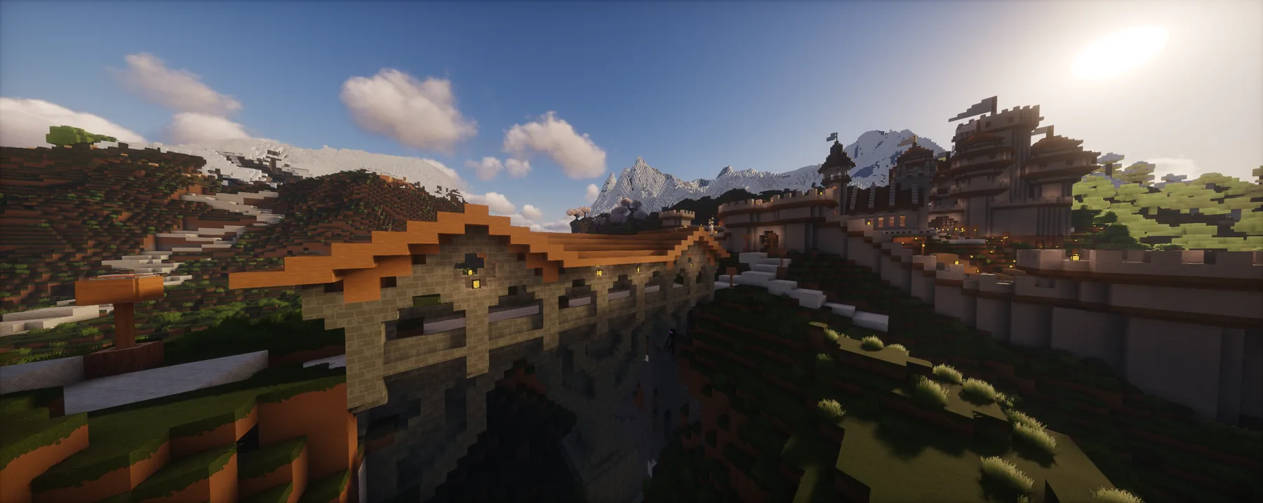 Bridge and outer wall in the TrainDontStop Minecraft world.