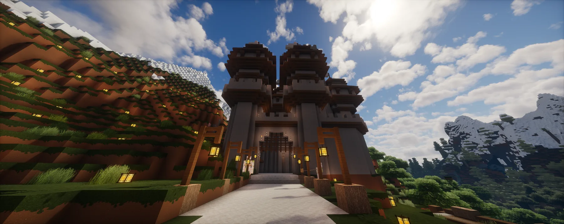 Large gate and tower landmark on the TrainDontStop Minecraft server.